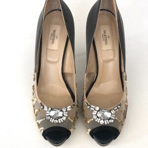 Valentino Mesh Black And  Gold Sequin Crystal Pump